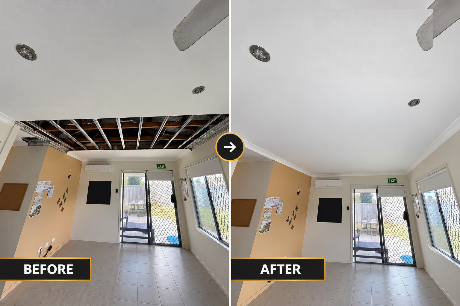 Before and after ceiling replacement with exposed metal framing followed by a finished plasterboard surface