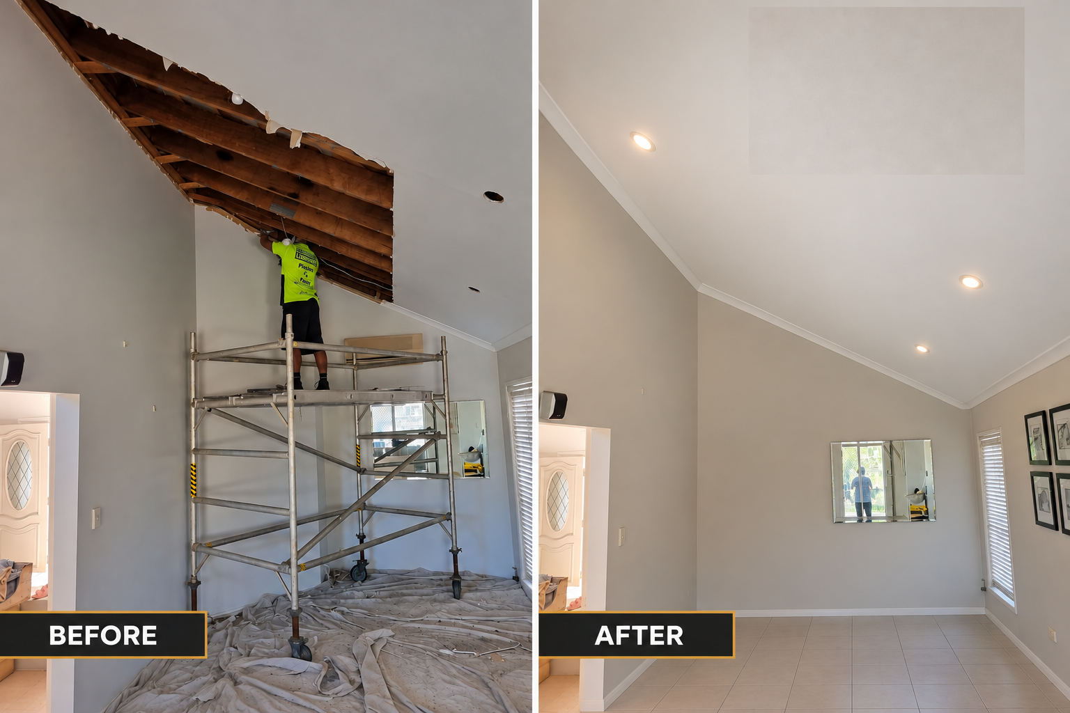 Before and after a high ceiling repair, showing an open section above scaffolding and the finished ceiling