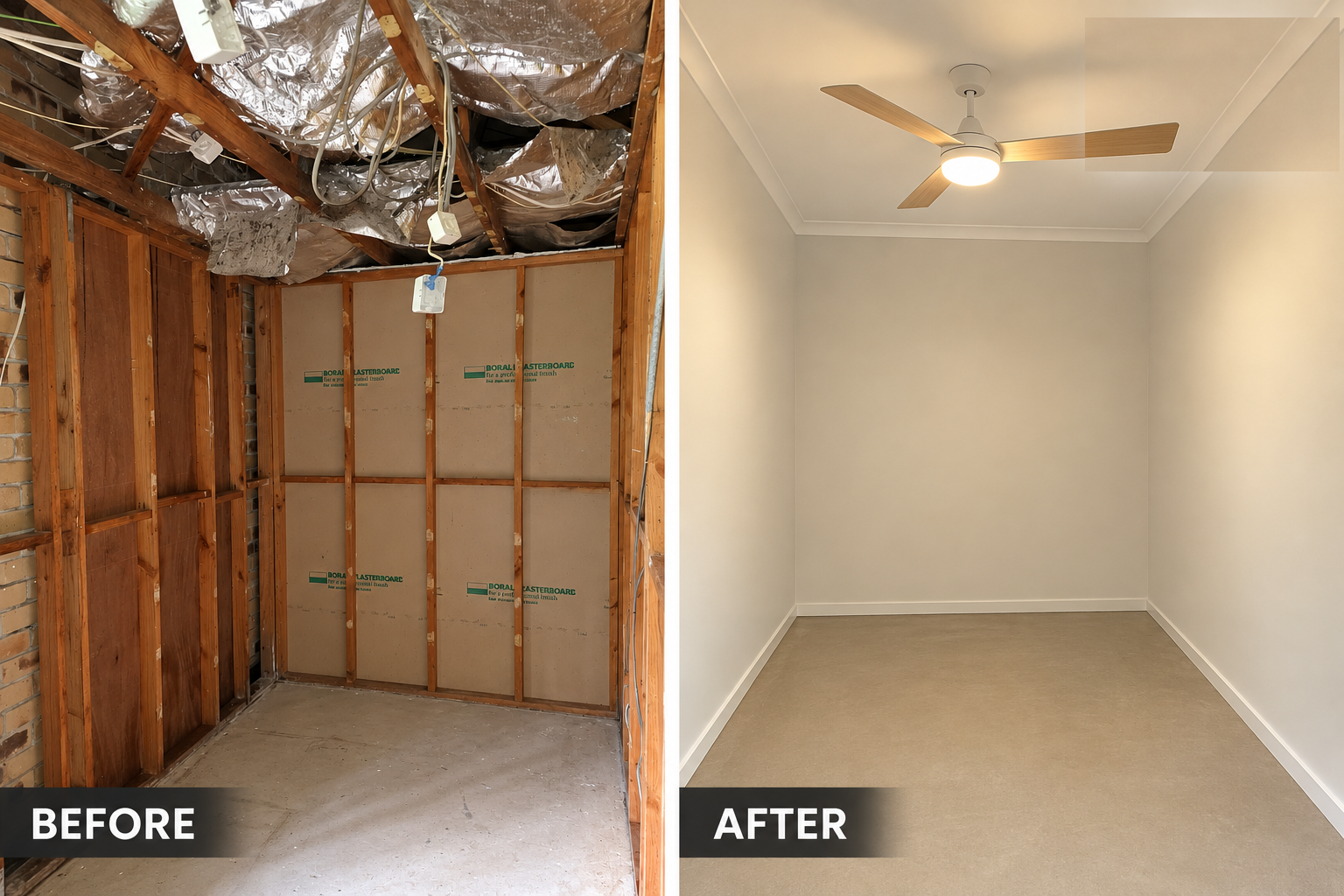 Before and after a room renovation, showing exposed wall and ceiling framing followed by a finished interior