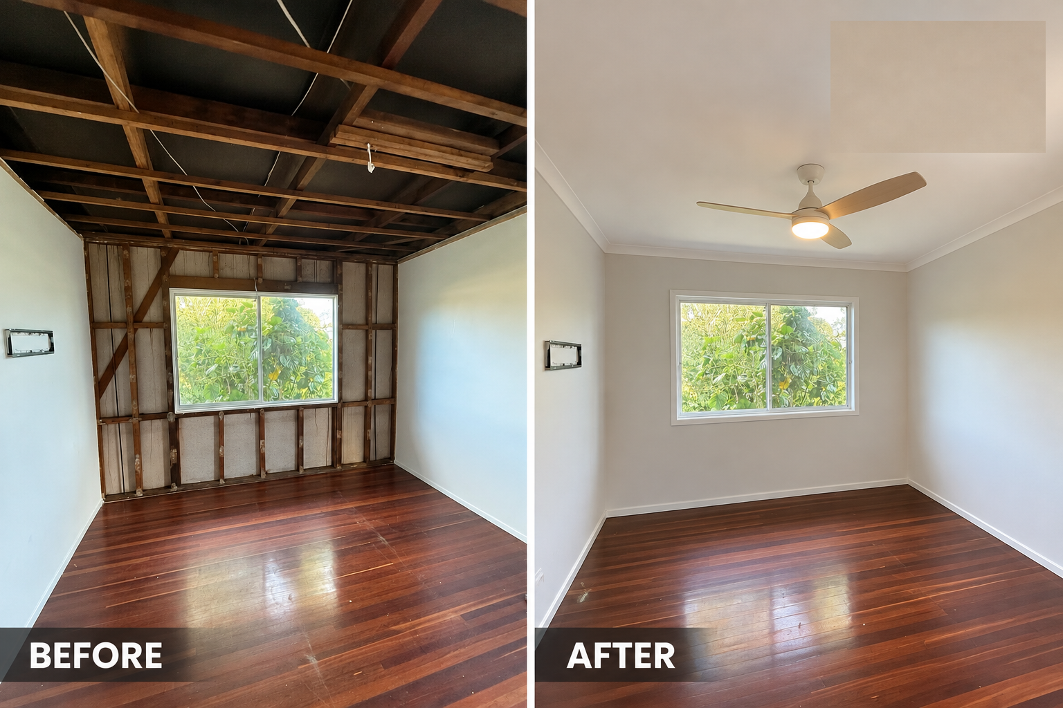 Before and after internal plasterboard renovation, with timber framing replaced by finished walls and ceiling
