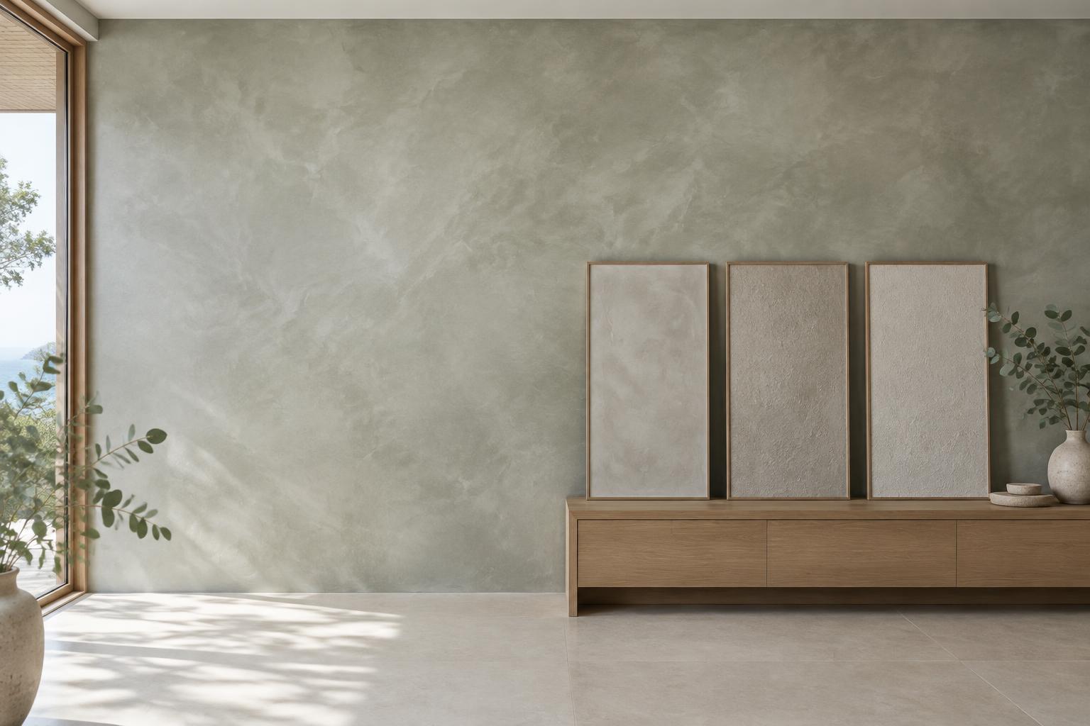 Illustrative interior with a softly varied decorative plaster wall and three finish panels